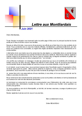 Lettre aux Montliardais - Juin 2021